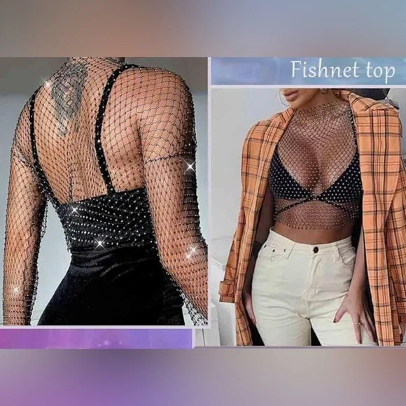 Mesh Body Chains Crystal Fishnet Top - Picture 2 of 6